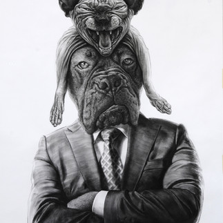 Valeriu Mladin, Political Bestiary, charcoal drawing on paper, 200 x 150 cm; monumental works depicting hybrid figures with human bodies and animal heads, part of a critical and allegorical series exploring political power, identity, and social satire.