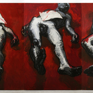 Valeriu Mladin – proiect „Zece ani după”, Muzeul Național de Artă al României, 1999, pictură monumentală și sculpturi organice, arta memorială dedicată martirilor Revoluției, jertfă colectivă și sacrificiu. Valeriu Mladin – project “Ten Years After”, National Museum of Art of Romania, 1999, monumental painting and organic sculptures, memorial art dedicated to the martyrs of the Revolution, collective sacrifice and devotion.