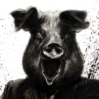 Valeriu Mladin – charcoal drawings on Canson paper from the Political Bestiary series; solo exhibition at Casa Artelor – Mogoșoaia, curated by Mihai Plămădeală. Monumental works depicting humans with animal heads as metaphors of the political world, with images from the opening.  Valeriu Mladin – desene în cărbune pe hârtie Canson din seria Political Bestiary, the Pig; expoziție personală la Casa Artelor – Mogoșoaia, curator Mihai Plămădeală. Lucrări monumentale care reprezintă oameni cu cap de animale, metafore ale lumii politice, cu imagini de la vernisaj.