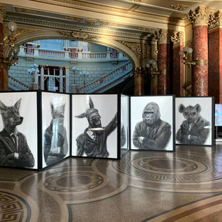 Eight works from Valeriu Mladin’s Political Bestiary series, exhibited at the SHARP Festival organized by pianist Daniel Ciobanu at the Romanian Athenaeum in Bucharest; monumental charcoal drawings with hybrid figures, conceived as a striking visual contrast and an unexpected dialogue with the neoclassical architecture of the grand building.