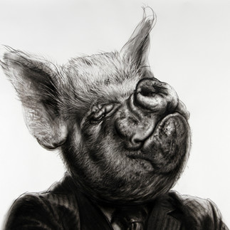 Valeriu Mladin – charcoal drawings on Canson paper from the Political Bestiary series; solo exhibition at Casa Artelor – Mogoșoaia, curated by Mihai Plămădeală. Monumental works depicting humans with animal heads as metaphors of the political world, with images from the opening.  Valeriu Mladin – desene în cărbune pe hârtie Canson din seria Political Bestiary, the Pig; expoziție personală la Casa Artelor – Mogoșoaia, curator Mihai Plămădeală. Lucrări monumentale care reprezintă oameni cu cap de animale, metafore ale lumii politice, cu imagini de la vernisaj.