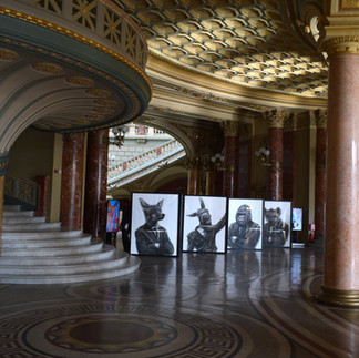 Eight works from Valeriu Mladin’s Political Bestiary series, exhibited at the SHARP Festival organized by pianist Daniel Ciobanu at the Romanian Athenaeum in Bucharest; monumental charcoal drawings with hybrid figures, conceived as a striking visual contrast and an unexpected dialogue with the neoclassical architecture of the grand building.