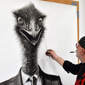 Valeriu Mladin in his studio, working on monumental drawings from the Political Bestiary series; documentary images taken over 12 years, capturing the working atmosphere, the scale of the studio, the creative process and the charcoal technique, with hybrid figures combining human bodies and animal heads.