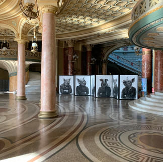 Eight works from Valeriu Mladin’s Political Bestiary series, exhibited at the SHARP Festival organized by pianist Daniel Ciobanu at the Romanian Athenaeum in Bucharest; monumental charcoal drawings with hybrid figures, conceived as a striking visual contrast and an unexpected dialogue with the neoclassical architecture of the grand building.