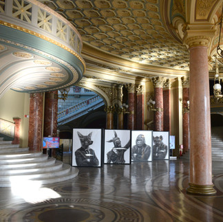 Eight works from Valeriu Mladin’s Political Bestiary series, exhibited at the SHARP Festival organized by pianist Daniel Ciobanu at the Romanian Athenaeum in Bucharest; monumental charcoal drawings with hybrid figures, conceived as a striking visual contrast and an unexpected dialogue with the neoclassical architecture of the grand building.