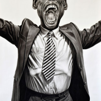 Valeriu Mladin, Political Bestiary, charcoal drawing on paper, 200 x 150 cm; monumental works depicting hybrid figures with human bodies and animal heads, part of a critical and allegorical series exploring political power, identity, and social satire.