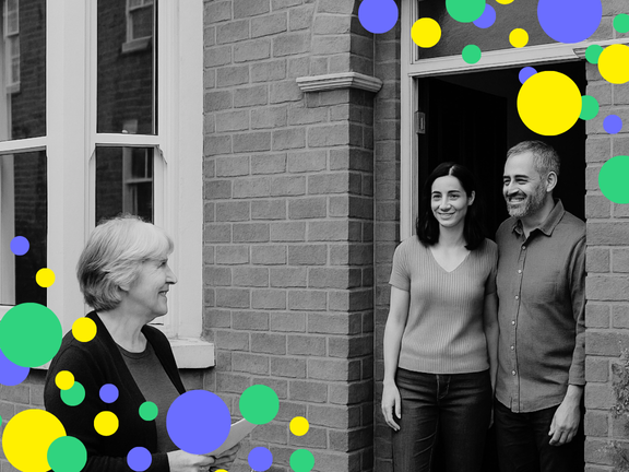 An older lady with a piece of paper is talking to her neighbours, a middle aged heterosexual couple, on the doorstep of their late Victorian-style terraced house.