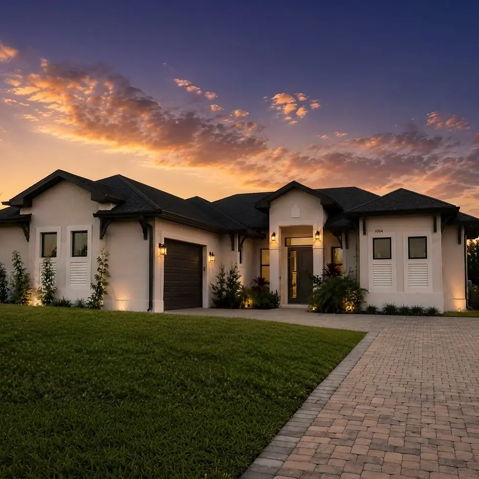 Architectural photography of a modern single-story house at dusk. Warm exterior lights illuminate the facade, creating an inviting ambiance.