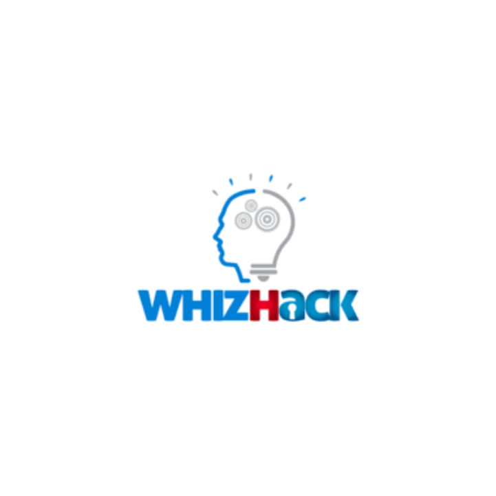 WHIZHACK logo with lightbulb head and gears, in blue and red.