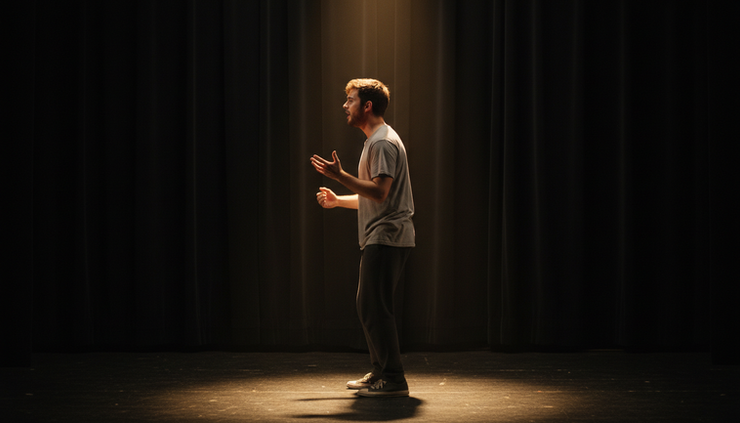 Side view of a young performer speaking a monologue on an empty stage