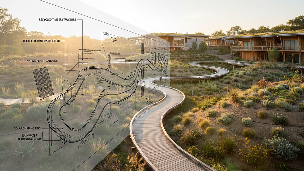 Plano arquitectónico con elementos sostenibles destacados