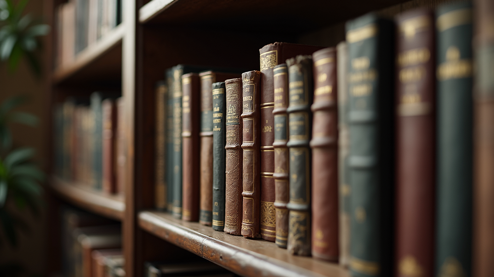 Eye-level view of a vintage bookshelf filled with classic literature books
