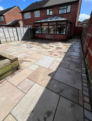Newly paved patio area with light brown stone slabs, Patios & Paving