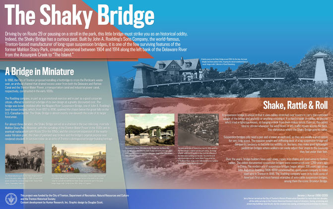 Sign depicting the Shaky Bridge through text and images.