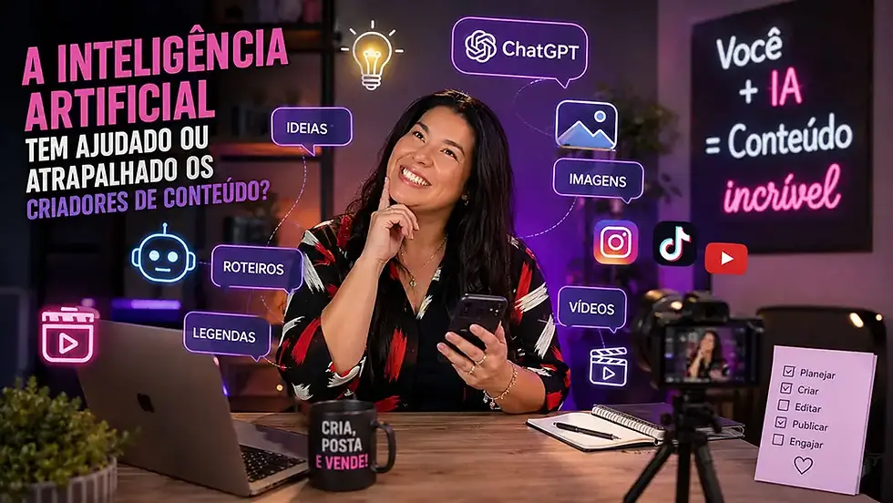Criadora de conteúdo utilizando Inteligência Artificial para produzir vídeos, imagens e artigos para TikTok, Instagram e blog.