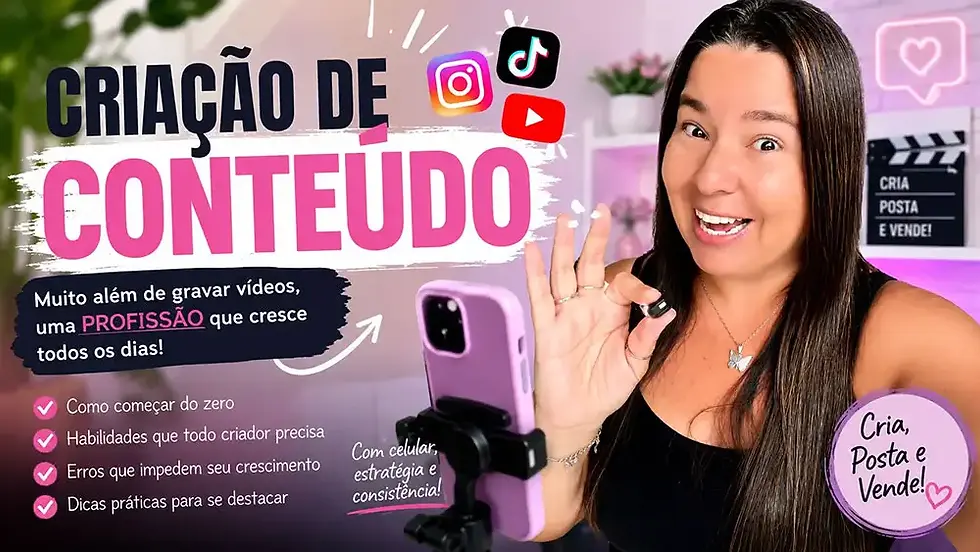 Dani Cezar gravando vídeo com celular enquanto cria conteúdo para redes sociais em um ambiente iluminado.
