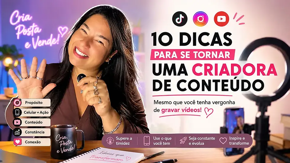 Dani Cezar gravando um vídeo com o celular para criar conteúdo para redes sociais em um ambiente iluminado.