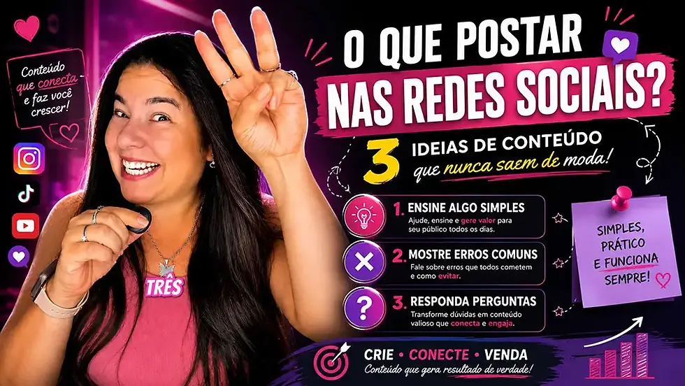Criadora de conteúdo mostrando três ideias sobre o que postar nas redes sociais para aumentar o engajamento.