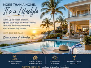 Luxury Siesta Key Florida beachfront home at sunset with palm trees and pool