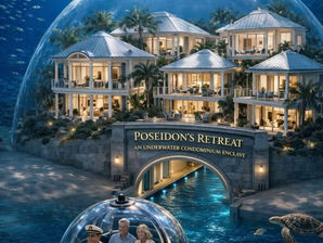 Architectural rendering of Poseidon's Retreat, a proposed Sarasota underwater condominium with eight luxury units inside a transparent dome.