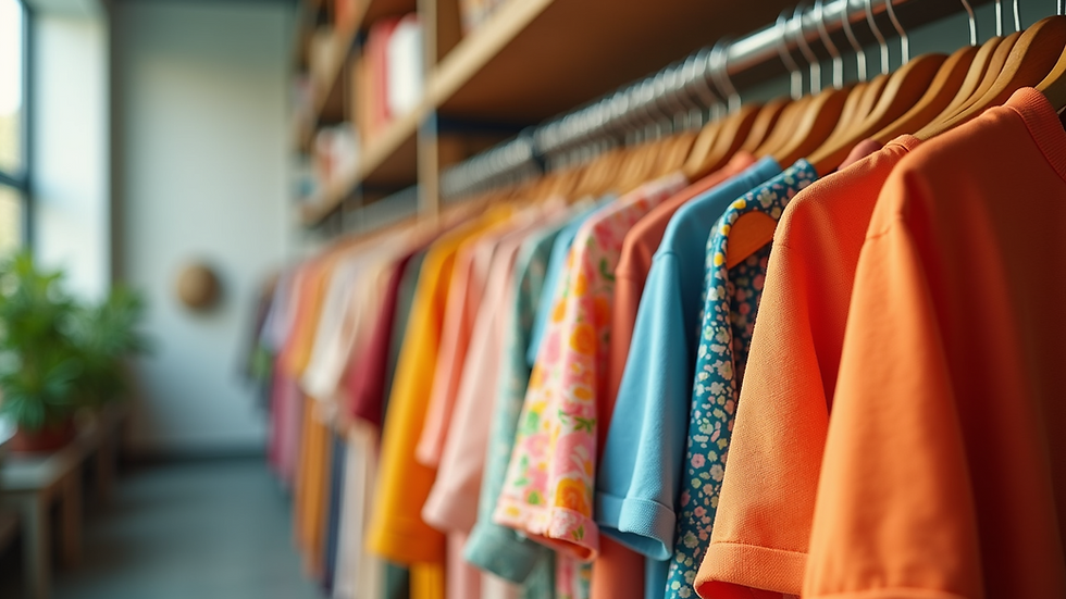 Eye-level view of colorful clothing rack displaying stylish summer attire