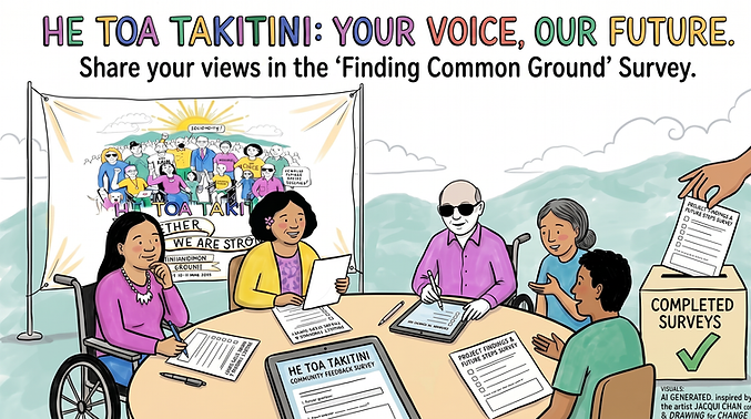 Illustrative image (AI-generated, inspired by original artist Jacqui Chan). A diverse group of disabled people sit around a table completing the Finding Common Ground community feedback survey, with surveys being placed in a "Completed Surveys" box. Behind them, a banner displays Jacqui Chan's original "He Toa Takitini — Together We Are Stronger" illustration from the 10-11 May 2026 hui. The heading above reads "He Toa Takitini: Your Voice, Our Future. Share your views on the 'Finding Common Ground' Disability Declaration.