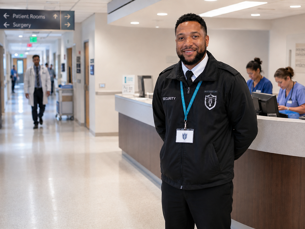 Hospital reception area with a desk, security person stood with a smile in front of the desk.