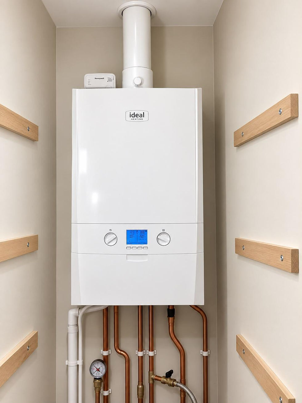 A modern white boiler with copper piping installed.