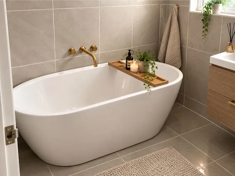 Newly fitted freestanding bath with brass tap.