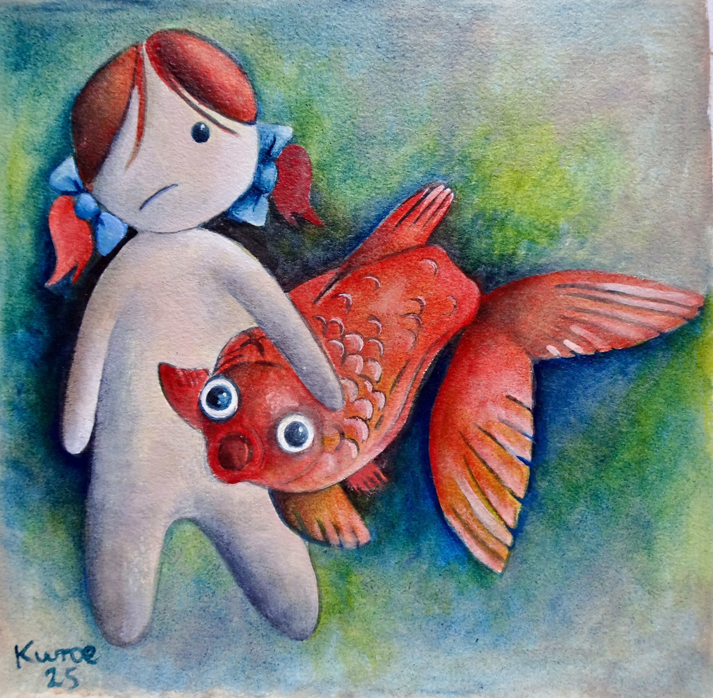 with my little dish: fish original oil painting on arches paper