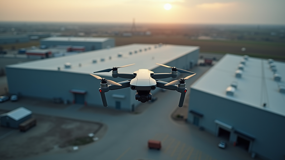 High angle view of a drone flying over a large industrial warehouse