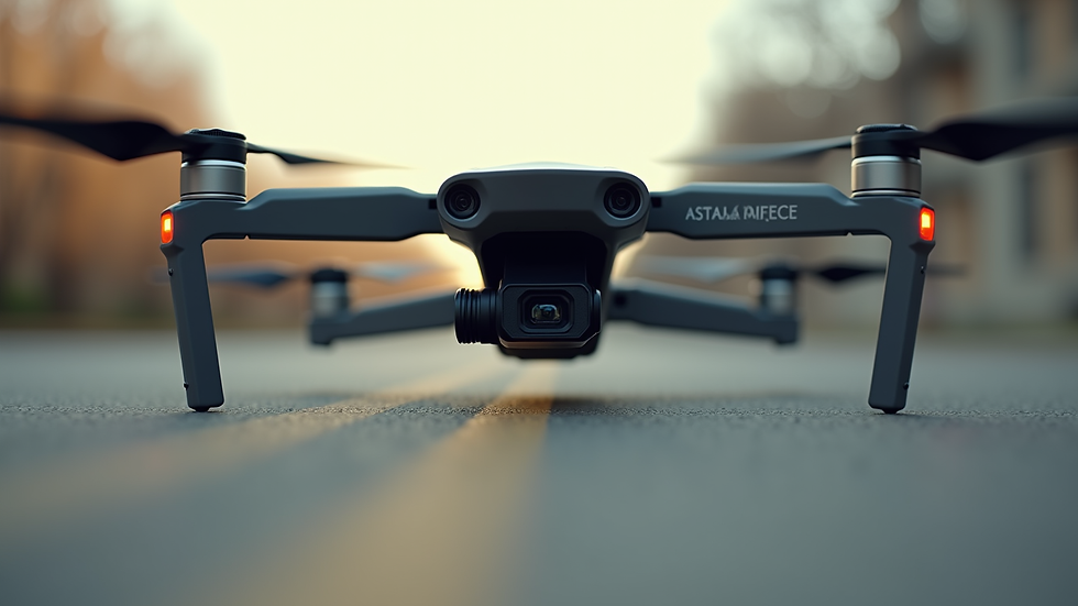 Eye-level view of a drone camera mounted on a quadcopter ready for flight