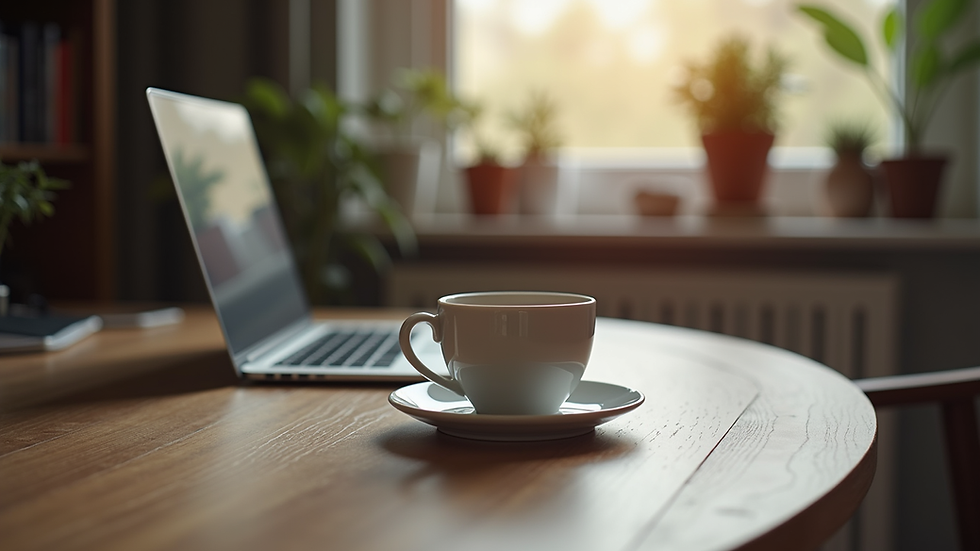 Eye-level view of a cozy home office setup with a laptop and a cup of tea