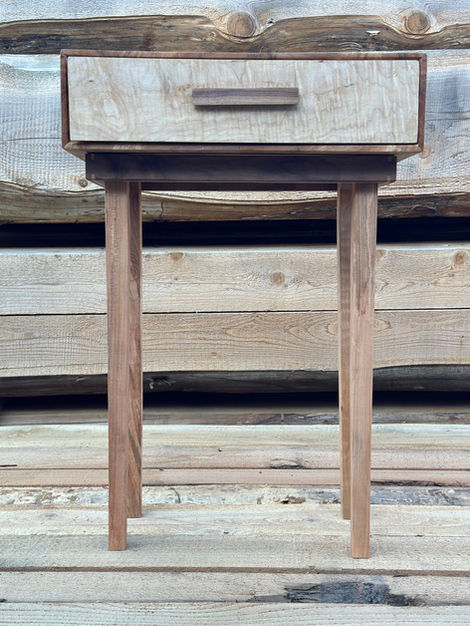 Night stand with figured maple drawer front, tapered legs & a walnut handle