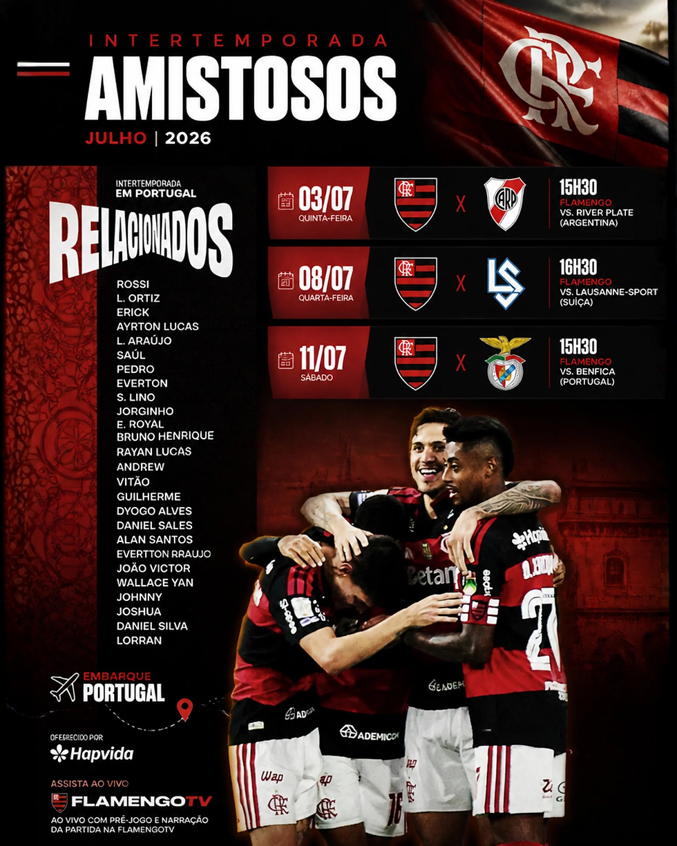 O Flamengo embarcou na tarde de domingo rumo a Portugal, onde dará continuidade à sua pré-temporada. O retorno ao Rio de Janeiro está previsto para 12 de julho.