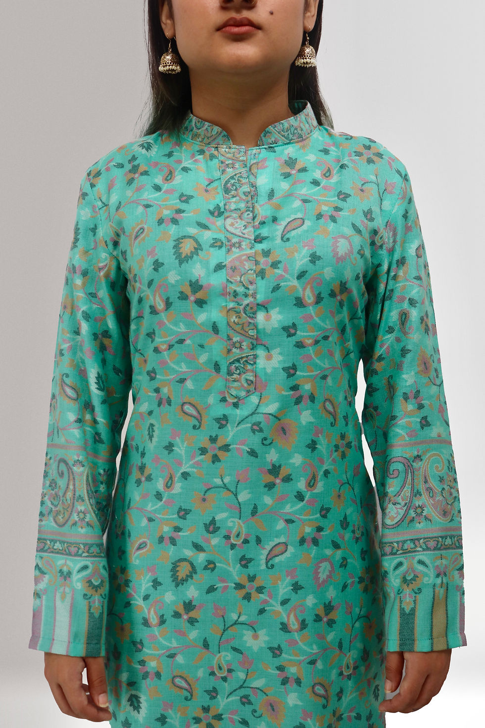 Thumbnail: Sea Green Floral Printed Woollen Kurti