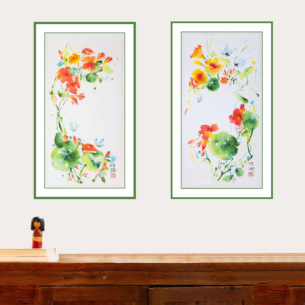 Thumbnail: Framed paintings on the wall above wooden workbench. A Japanese doll and a book are on the workbench for size comparison.