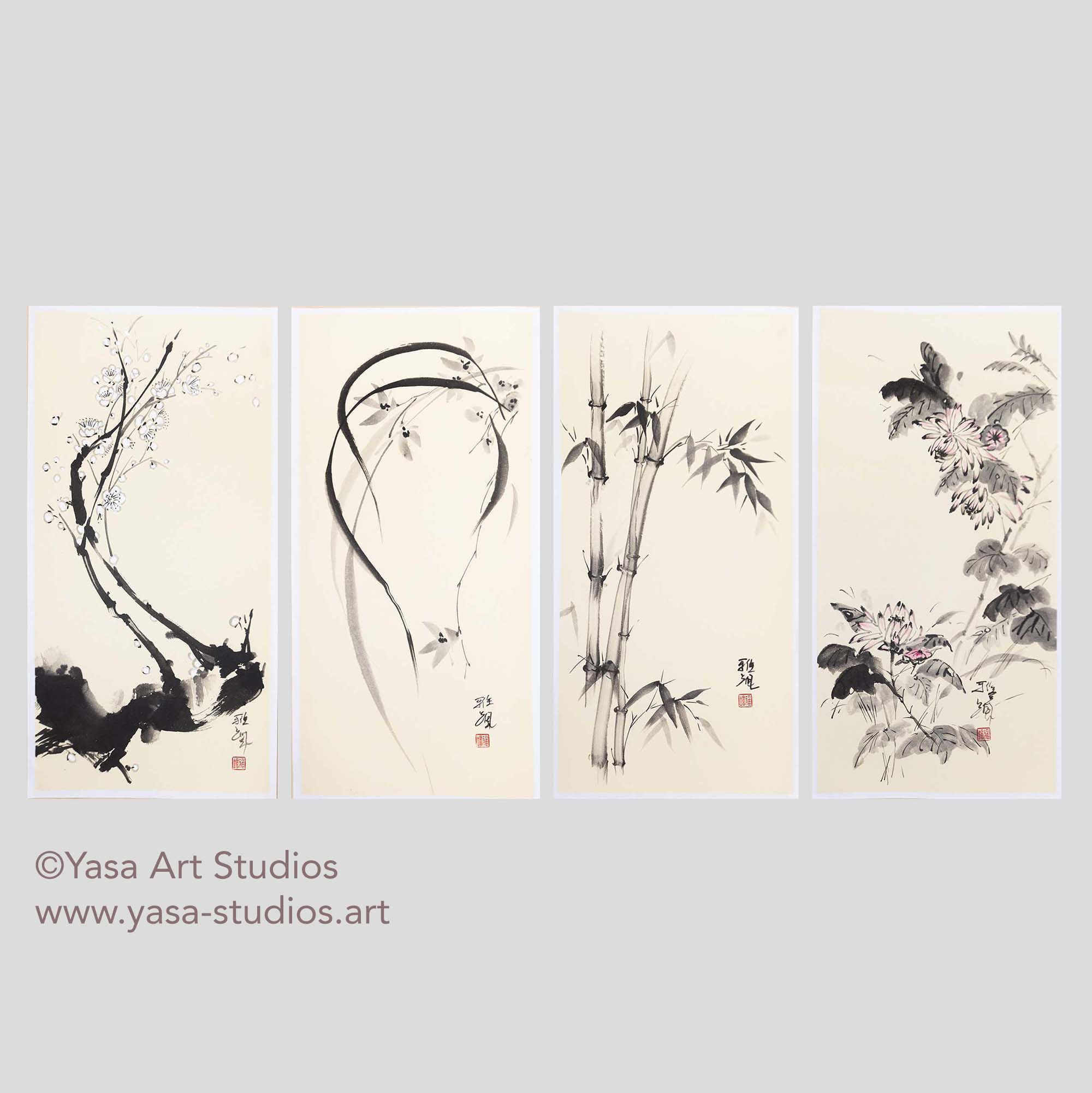 Set of four paintings in black ink with white and pink watercolour, painted on beige Japanese washi paper.