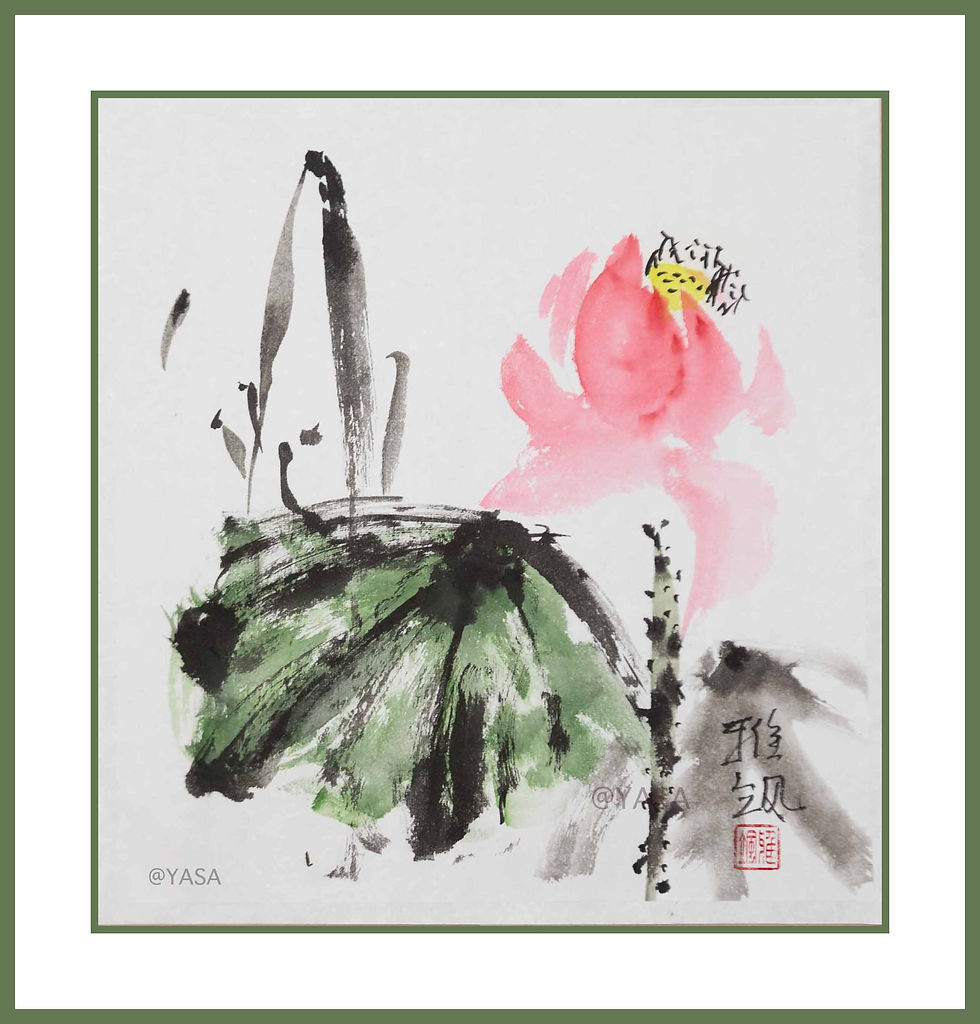 Thumbnail: Framed lotus painting, signature and seal in the bottom right corner.