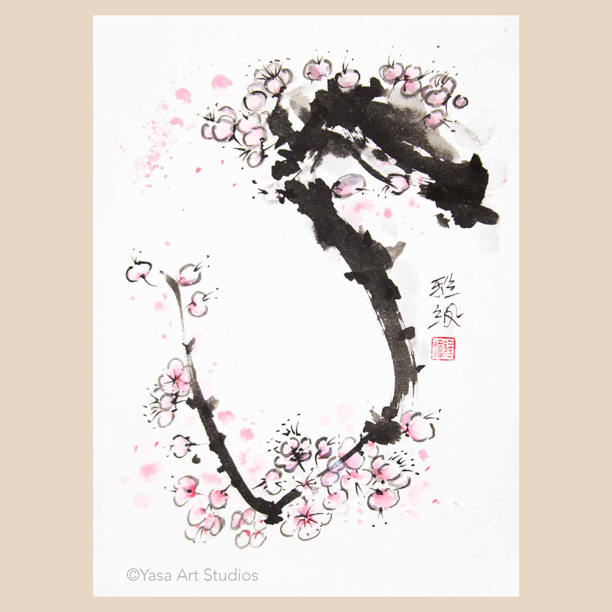 Plum blossoms branch painted with ink and watercolours on rice paper