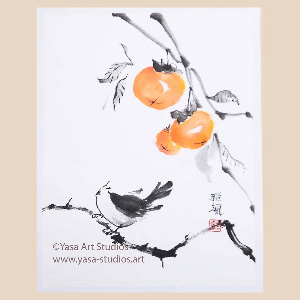 Black and yellow painting of a bird on a branch under persimmon tree. Ink and watercolour on rice paper. Japanese sumi-e.
