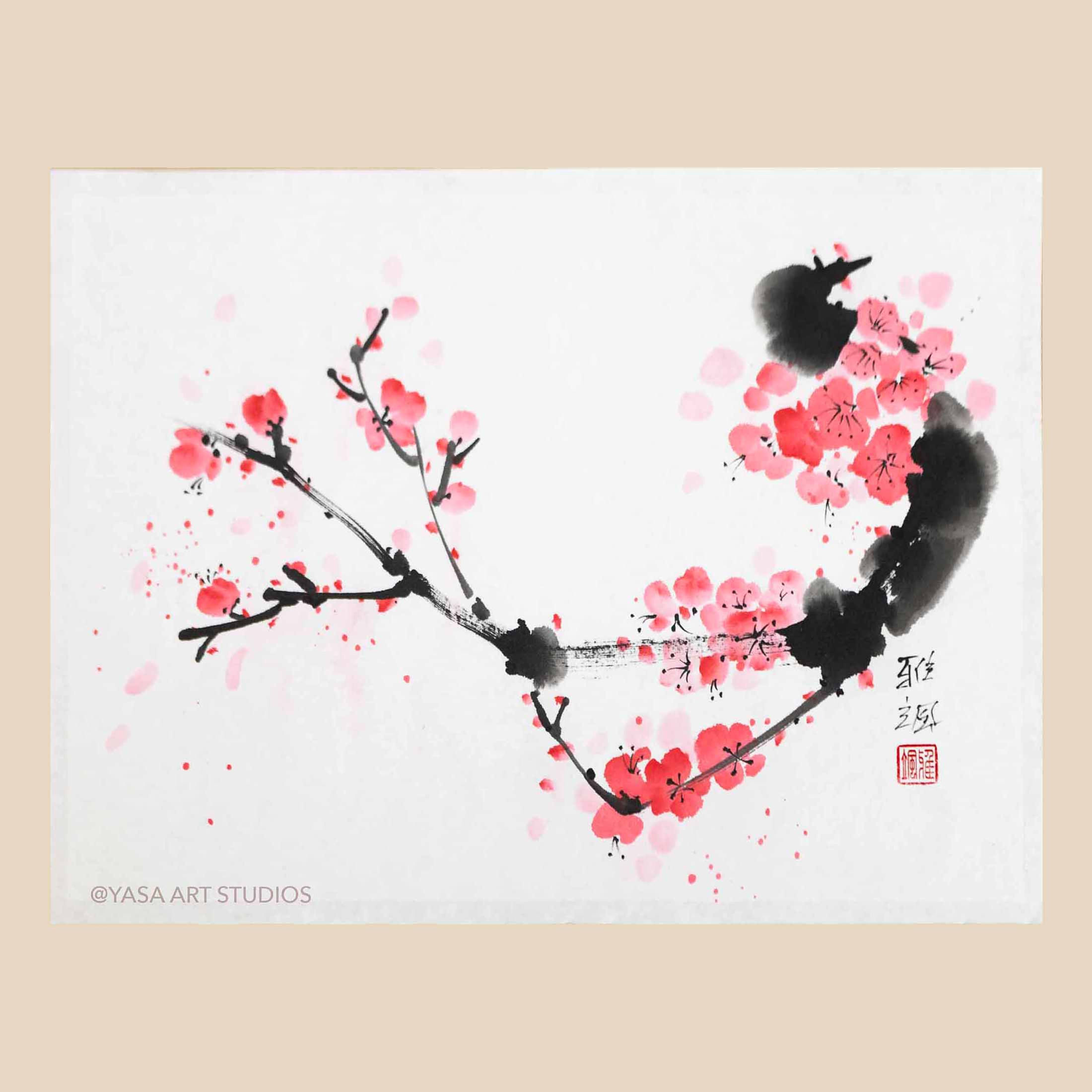 Branch with cherry blossom, painted with ink and watercolours.