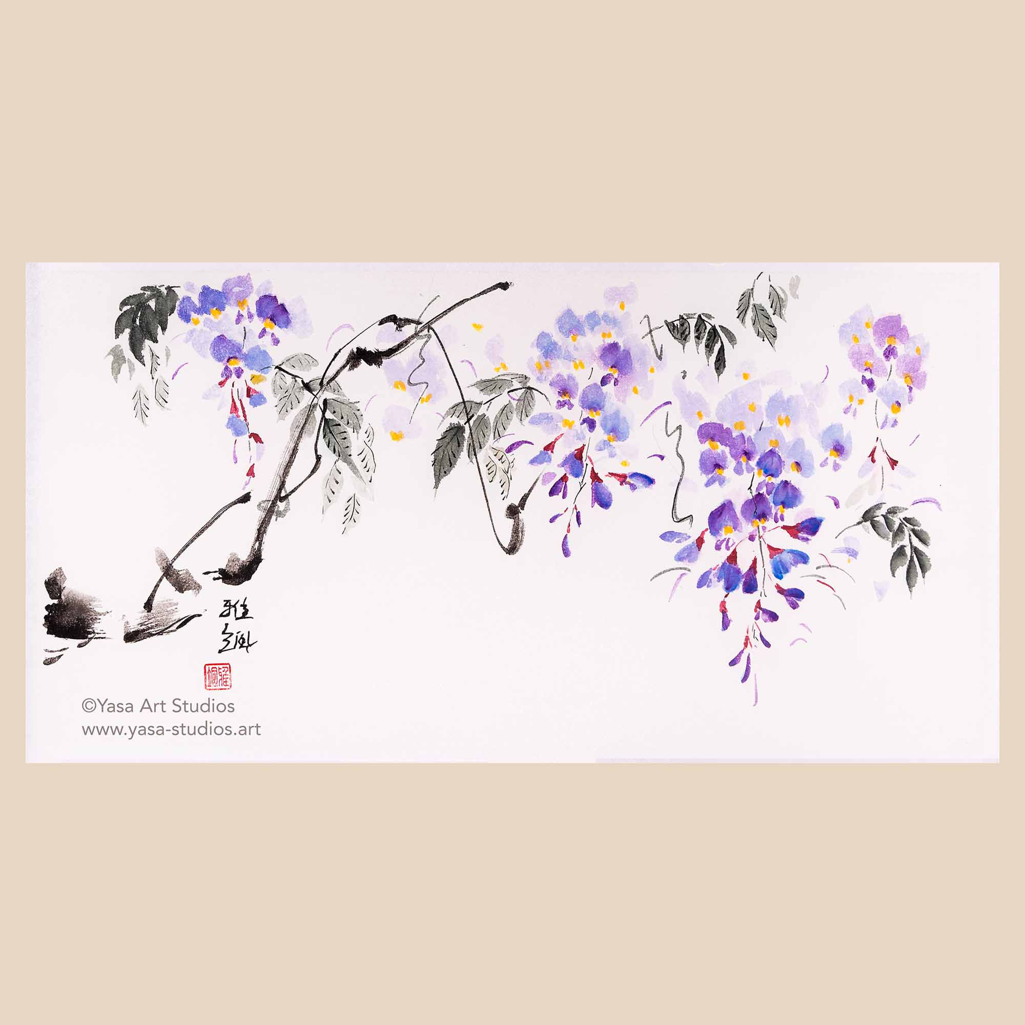 Wisteria tree branch with flowers and leaves. artist signature in the bottom left corner.
