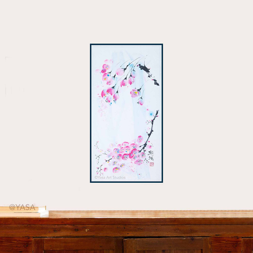 Thumbnail: Framed painting on the wall above large wooden workbench. A book and a Japanese doll are on the surface for size comparizon.