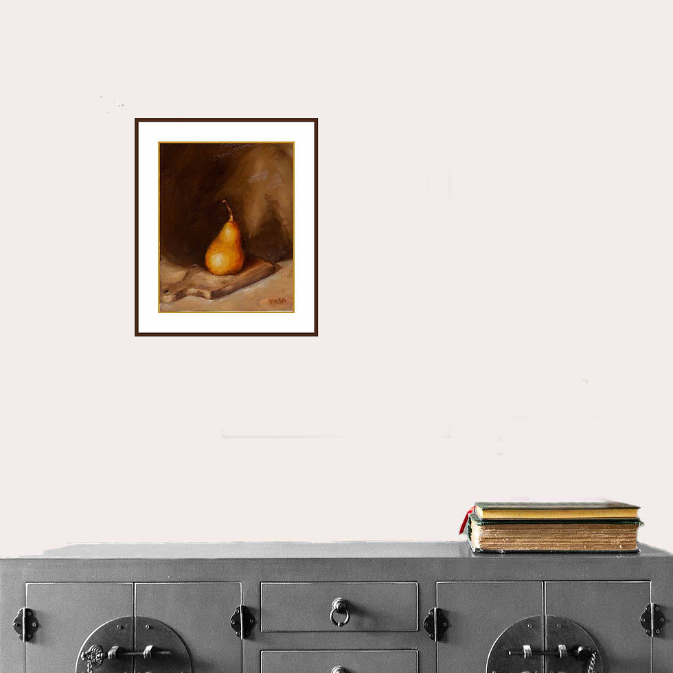 Thumbnail: Framed pear painting on the wall above Chinese style console. A book is on the surface for size comparison.
