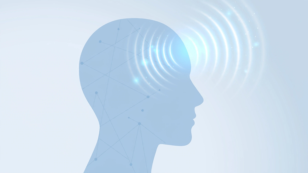 Abstract illustration of a head silhouette with glowing pulses at the temple, symbolizing headache pain