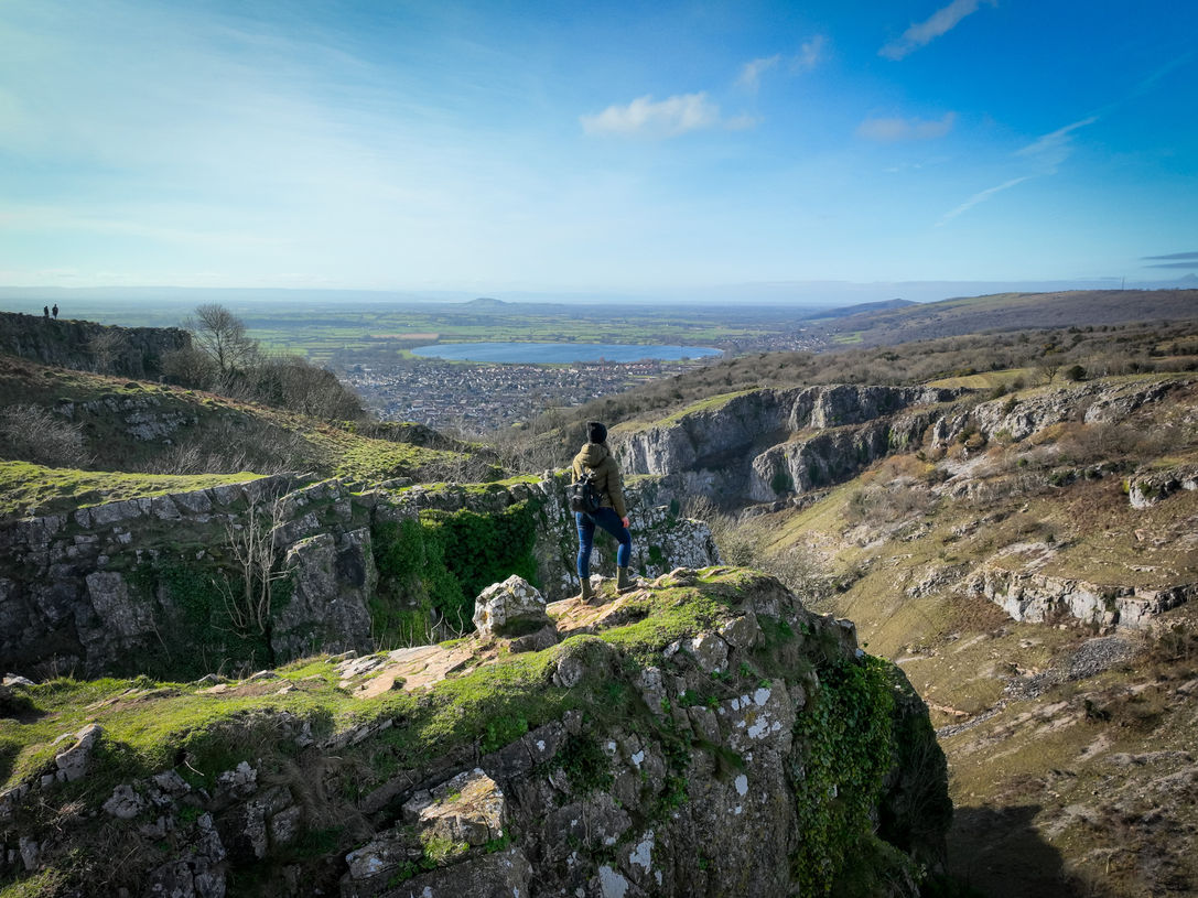 Looking out from the top of Cheddar Gorge in Somerset on the Mendip Way walking route