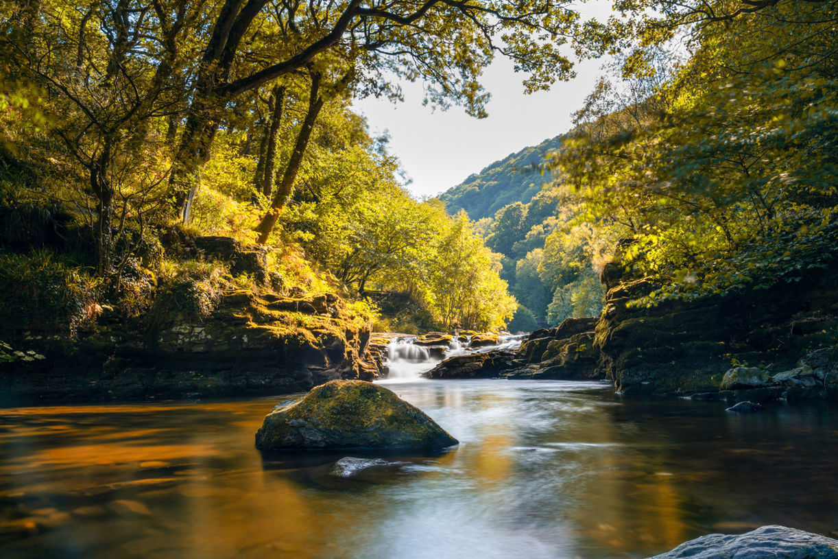 A view of the river at Watersmeet on the Coleridge Way in Somerset