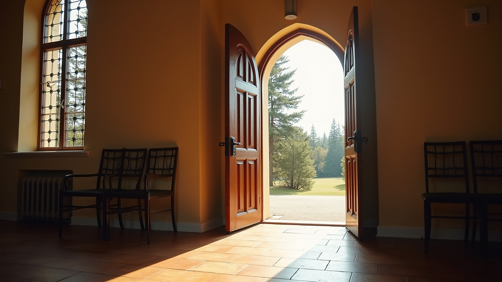 Eye-level view of a welcoming church entrance with open doors