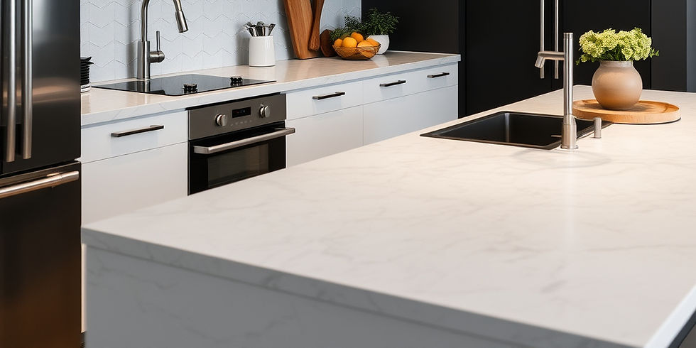 Modern minimalist kitchen with a white stone island countertop, integrated sink and faucet, built-in oven, light cabinetry, and simple decor including a fruit bowl and flowers.